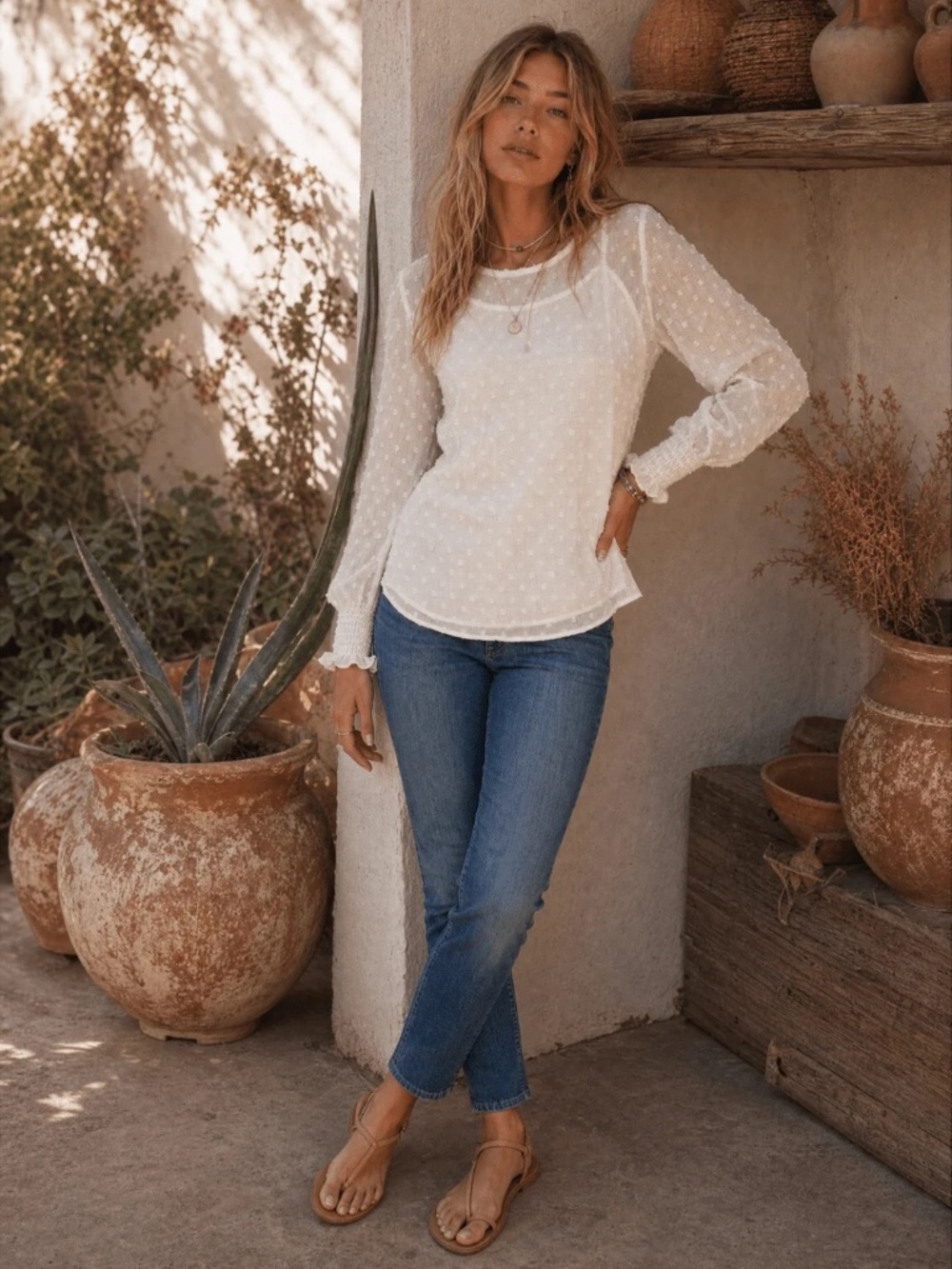 "Les Amis" Women's Long Sleeve Swiss Detailed Blouse - White / Green